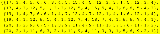 {{17, 3, 4, 5, 6, 6, 3, 4, 5, 15, 4, 5, 12, 3, 3, 1, 5, 12, 3, 4}, {17, 4, 3, 12, 5, 1, 3, 3,  ... 4, 9, 11, 1, 3, 3, 6, 11, 1, 3}, {20, 3, 1, 11, 6, 3, 3, 1, 11, 9, 4, 11, 9, 3, 1, 5, 6, 9, 3, 1}}