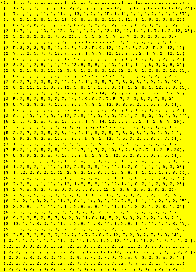 {{1, 1, 1, 7, 1, 1, 1, 11, 1, 25, 1, 7, 1, 13, 1, 11, 1, 11, 1, 1, 1, 7, 1, 37}, {1, 1, 7, 1,  ... , 2, 1, 7, 2, 17}, {12, 2, 8, 2, 1, 8, 2, 12, 12, 3, 8, 2, 1, 8, 3, 12, 11, 3, 8, 1, 2, 8, 2, 13}}