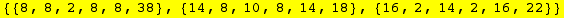 {{8, 8, 2, 8, 8, 38}, {14, 8, 10, 8, 14, 18}, {16, 2, 14, 2, 16, 22}}
