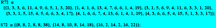 R72 =    {{1, 3, 3, 6, 11, 4, 9, 6, 5, 1, 3, 20}, {1, 4, 1, 6, 13, 4, 7, 6, 6, 1, 4, ... 3, 3, 17}} ; <br /> S72 = {{8, 8, 2, 8, 8, 38}, {14, 8, 10, 8, 14, 18}, {16, 2, 14, 2, 16, 22}} ; 