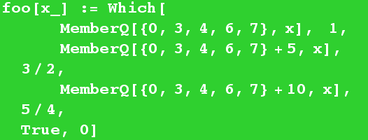 foo[x_] := Which[    MemberQ[{0, 3, 4, 6, 7}, x],   1, ... 371;    MemberQ[{0, 3, 4, 6, 7} + 10, x],   5/4, True, 0] 