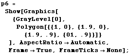 p6 = Show[Graphics[{GrayLevel[0],   Polygon[{{1, 0}, {1.9, 0}, {1.9, .9}, {01, .9}}]} ], AspectRatioAutomatic, FrameTrue, FrameTicksNone] ;